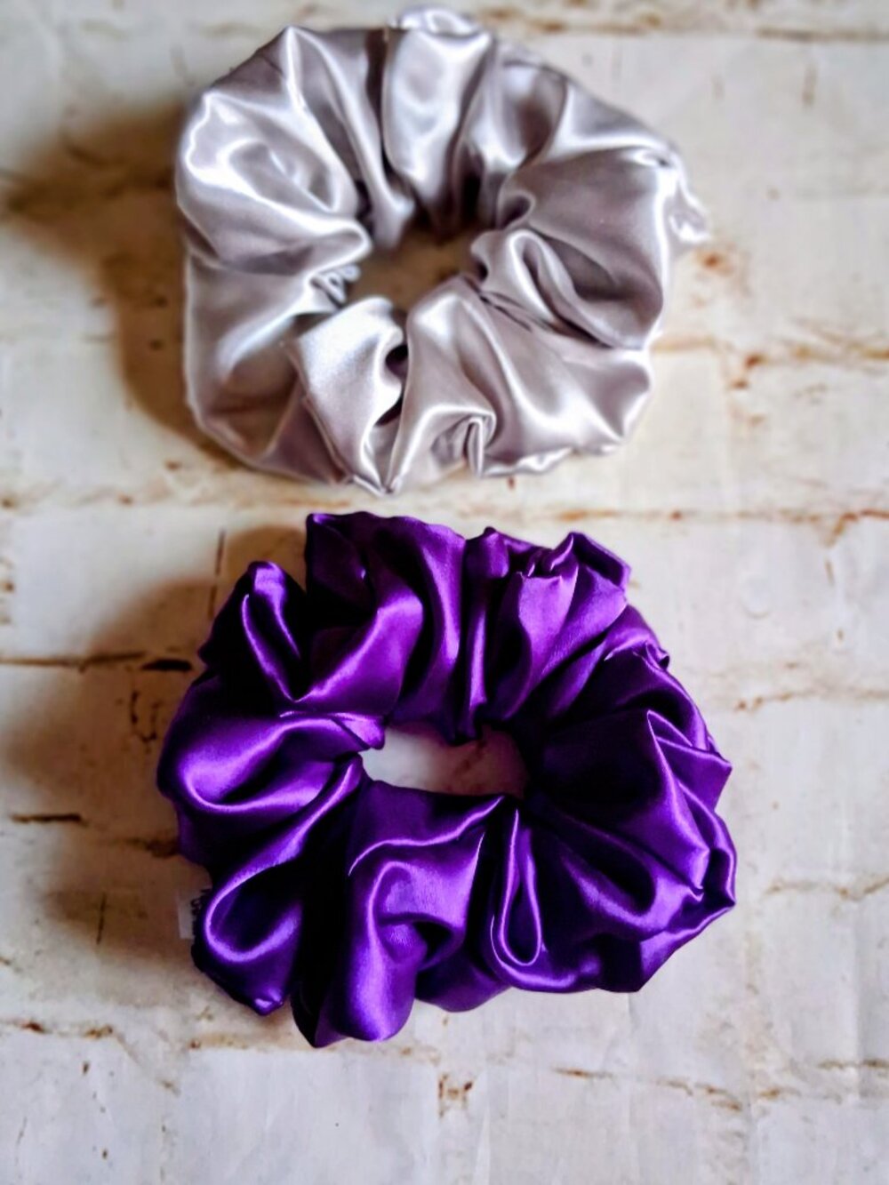 Beautiful Extra Large Satin Scrunchie Bundle - Shimmering Silver & Royal Purple
